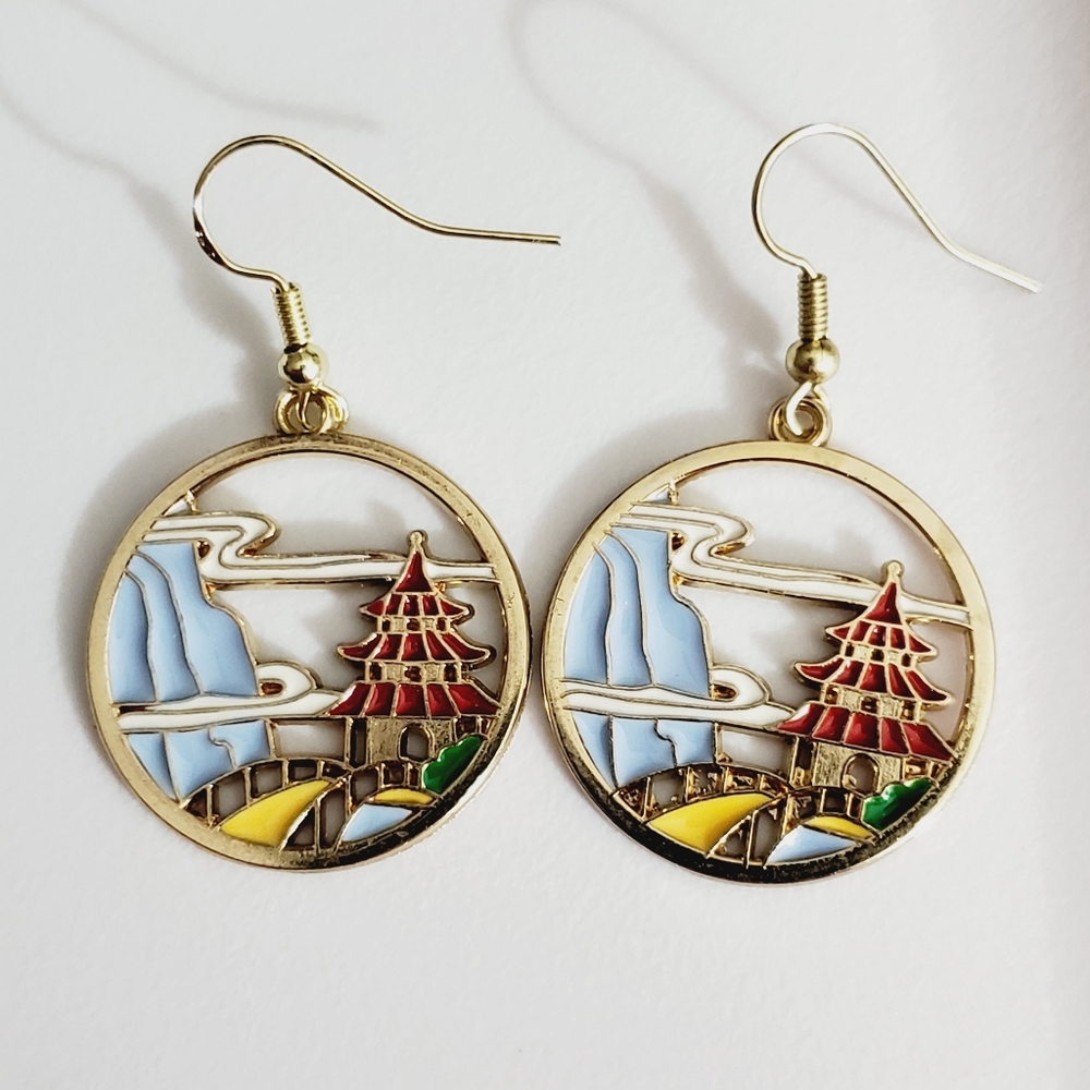 Asian scene earrings handmade 925 sterling silver gold plated enamel Chinese